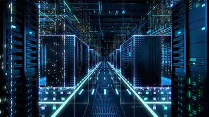 Fototapete - Modern Data Technology Center Server Racks in Dark Room with VFX. Animated Visualization Concept of Internet of Things, Data Flow, Digitalization of Internet Traffic. Moving Back Camera Shot.