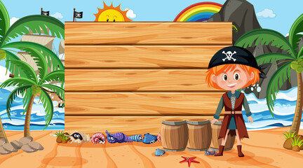 Wall Mural - Pirate girl at the beach daytime scene with an empty banner template