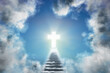 Stairway leading through clouds to heaven and crucifix. Religion, christianity and life after death concept. 3D rendered illustration.