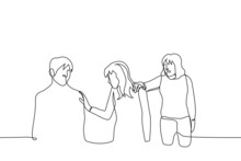 Woman Grabs Another Woman's Shoulder That Touches The Man's Shoulder - One Line Drawing. A Woman Is Jealous Of Her Friend For New Friends, Lesbian Is Jealous Of Her Beloved For A Man