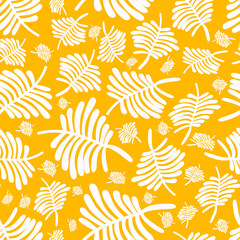 Cute fern white leaves simple drawing seamless pattern on yellow background
