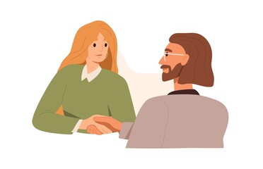 Poster - Handshake of business partners. Colleagues, man and woman, shaking hands, making deal, agreeing. Partnership, cooperation and agreement concept. Flat vector illustration isolated on white background