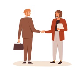 Poster - Business partners shaking hands. Handshake of man and woman making deal, coming to agreement and concluding contract. Partnership concept. Colored flat vector illustration isolated on white background