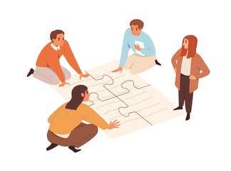 Poster - Business partners team at meeting, joining puzzle pieces. Concept of partnership, cooperation and teamwork. Success in collaboration of employees. Flat vector illustration isolated on white background