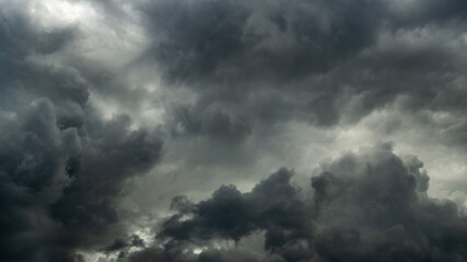 Wall Mural - gray stormy dramatic sky with overcast and heavy textured cumulus clouds and backlight. large panoramic view