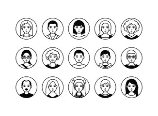 Collection of isolated round avatars on white background. Vector set of various friendly men and women icons. Modern face images.