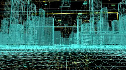 Poster - Digitalization of the cityscape, high technologies in the modern world, camera movement through the city
