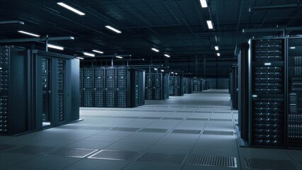 Aufkleber - Modern Data Technology Center Server Racks Working in Well-Lighted Facility. Concept of Internet of Things, Big Data Protection, Storage, Cryptocurrency Farm, Cloud Computing. 3D Arc Camera Shot.