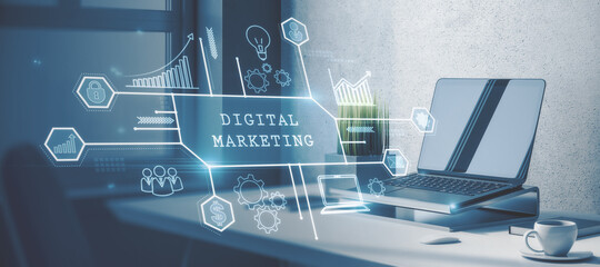 Aufkleber - Close up of workplace with laptop, coffee cup and other items and abstract glowing business sketch. Digital marketing and technology concept. 3D Rendering, Double exposure.