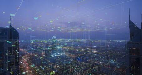Poster - Smart digital city concept, aerial view, Dubai, United Arab Emirates, time lapse, 4k video, loop