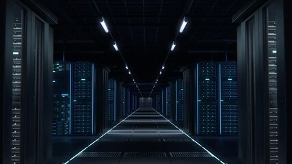 Aufkleber - Modern Data Technology Center Server Racks Working in Dark Facility. Concept of Internet of Things, Big Data Protection, Storage, Cryptocurrency Farm, Cloud Computing. 3D Moving Forward Camera Shot.