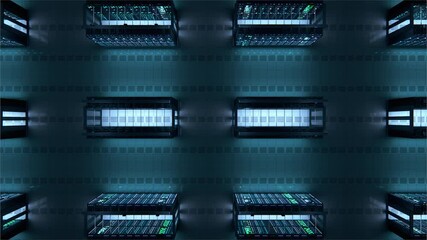 Fototapete - Modern Data Technology Center Server Racks Working in Dark Facility. Concept of Internet of Things, Big Data Protection, Storage, Cryptocurrency Farm, Cloud Computing. 3D Top Down Camera Shot.