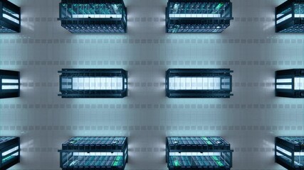 Aufkleber - Modern Data Technology Center Server Racks Working in Well-Lighted Facility. Concept of Internet of Things, Big Data Protection, Storage, Cryptocurrency Farm, Cloud Computing. 3D Top Down Camera Shot.