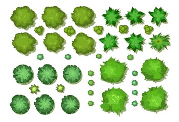 Wall Mural - A set of trees and bushes. View from above. Height. Plant landscape. Green wildlife. Top view. Illustration in cartoon style. Isolated Vector