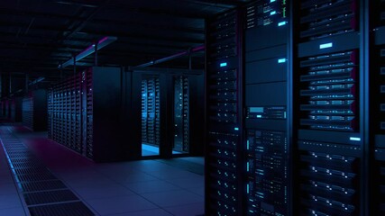 Aufkleber - Modern Data Technology Center Server Racks Working in Dark Facility. Concept of Internet of Things, Big Data Protection, Storage, Cryptocurrency Farm, Cloud Computing. 3D Panning Back Camera Shot.