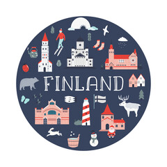 Wall Mural - Poster in a modern flat style with famous symbols and landmarks of Finland