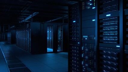 Aufkleber - Modern Data Technology Center Server Racks Working in Dark Facility. Concept of Internet of Things, Big Data Protection, Storage, Cryptocurrency Farm, Cloud Computing. 3D Panning Back Camera Shot.