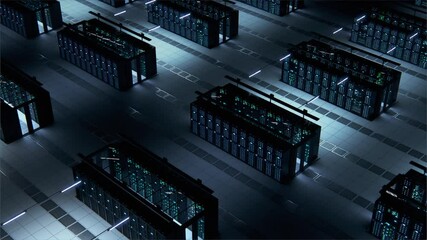 Aufkleber - Modern Data Technology Center Server Racks Working in Dark Facility. Concept of Internet of Things, Big Data Protection, Storage, Cryptocurrency Farm, Cloud Computing. 3D Panning Above Camera Shot.