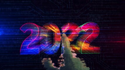 Wall Mural - 2022 year futuristic 3D rendering animation. Hand finger touch the screen and entry into cyberspace abstract concept.