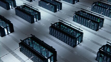 Aufkleber - Modern Data Technology Center Server Racks Working in Well-Lighted Room. Concept of Internet of Things, Big Data Protection, Storage, Cryptocurrency Farm, Cloud Computing. 3D Above Camera Shot.