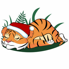 A Small Tiger Sleeps On Its Stomach. The Baby Tiger Is Wearing A New Year's Costume. New Year's Tiger In A Hat And Scarf. Tiger Cub On A Background Of Leaves. Vector Illustration
