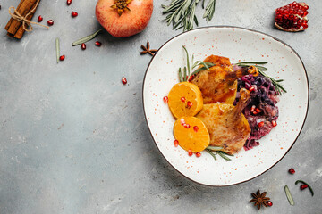 Wall Mural - Christmas roast duck served with red cabbage on a festive table. Dish for Christmas Eve. banner, menu, recipe place for text, top view