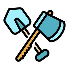 Wall Mural - Crossed shovel and axe icon. Outline crossed shovel and axe vector icon color flat isolated