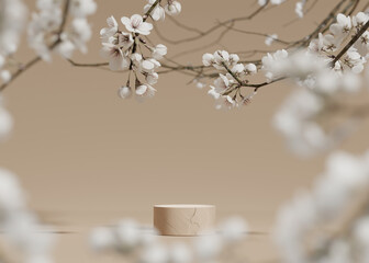 3D background, beige podium. Round display, sakura white flower tree branch. Cosmetic or beauty product promotion step stone floral pedestal. Abstract minimal advertise. 3D render copy space template