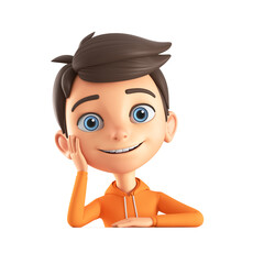 Sticker - Cartoon character boy in orange sweatshirt leaned against a blank board. 3d render illustration.