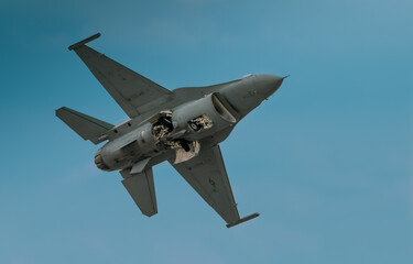 The underside of an EF-18 Hornet just after take-off. The landing gear is still is the process of being retracted