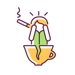 Sticker - Coffee and nicotine as panic triggers RGB color icon. Cigarettes and caffeine may lead to anxiety. Mental and physical health problems. Isolated vector illustration. Simple filled line drawing