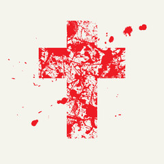 Canvas Print - Abstract cross with red spots, stains and splashes of paint or blood in grunge style. Creative vector banner or illustration on a religious theme. Artistic Christian cross isolated on light background