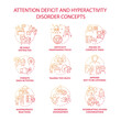 Attention deficit and hyperactivity disorder concept icons set. Emotions management idea thin line color illustrations. Forgets deadlines. Inappropriate reactions. Vector isolated outline drawings