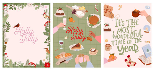 Wall Mural - Collection of Holidays cards. Seasonal cozy hygge home decor, food. Perfect for Merry Christmas, Happy New Year, holidays, invitation card and greeting card. Editable vector illustration.