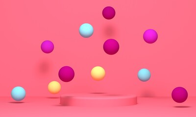 Poster - A podium with bright falling colorful balloons. 3d rendering