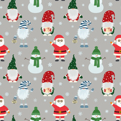 Wall Mural - Christmas seamless pattern with scandinavian gnomes, santa claus and snowflakes.