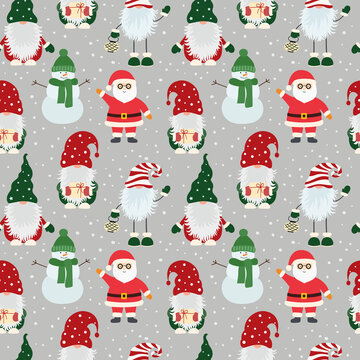 Christmas seamless pattern with scandinavian gnomes, santa claus and snowflakes.