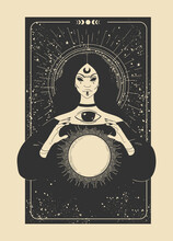 Mystical Tarot Card With A Fortuneteller And A Magic Ball. Witch On A Black Background With Stars. Vintage Vector Poster, Hand Drawn Card.
