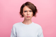 Photo Of Frustrated Grumpy Sad Lady Puffed Cheeks Lips Wear Blue Sweater Isolated Pink Color Background