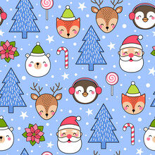 Cute Cartoon Character And Christmas Elements Seamless Pattern Background.