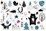 Fototapeta Dinusie - Vector set. Various animals and natural elements in the Scandinavian style. Transparent background.