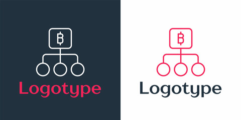Poster - Logotype line Blockchain technology Bitcoin icon isolated on white background. Abstract geometric block chain network technology business. Logo design template element. Vector