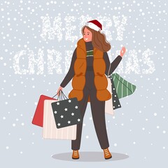 Sticker - Happy woman with Christmas gifts. Female wearing in santa hat on snow background Merry Christmas concept. Vector illustration