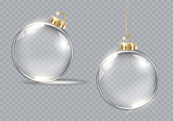 Poster - Collection of vector realistic transparent Christmas balls on a light abstract background. Christmas decoration.  Glass sphere.