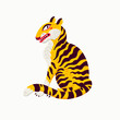 Tiger vector illustration, cartoon yellow tiger sitting with cunning look. Organic flat style vector illustration on white background.
