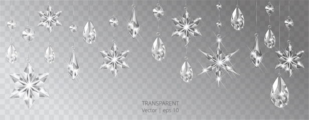 Wall Mural - Vector Christmas background with realistic transparent glass snowflakes and decoration. Sparkling translucent crystals