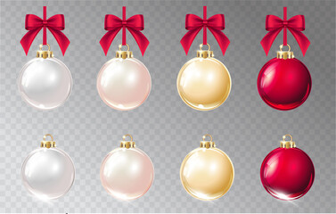 Wall Mural - Vector realistic Christmas decorations on a light abstract background. Color glass sphere and red bow.