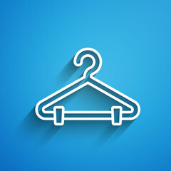 Poster - White line Hanger wardrobe icon isolated on blue background. Cloakroom icon. Clothes service symbol. Laundry hanger sign. Long shadow. Vector