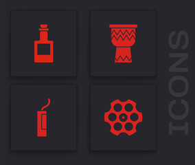 Wall Mural - Set Revolver cylinder, Tequila bottle, Drum and Dynamite bomb icon. Vector