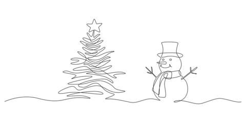 Poster - Continuous one line drawing of christmas tree and Snowman in hat with scarf. Festive Winter card in doodle style. Liner Vector illustration